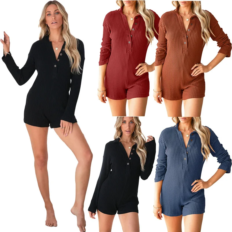 

2022 Autumn And Winter New Womans Soild Buttons Lapel Cultivate One's Morality Long Sleeve Leisure Wear For Women Jumpsuits