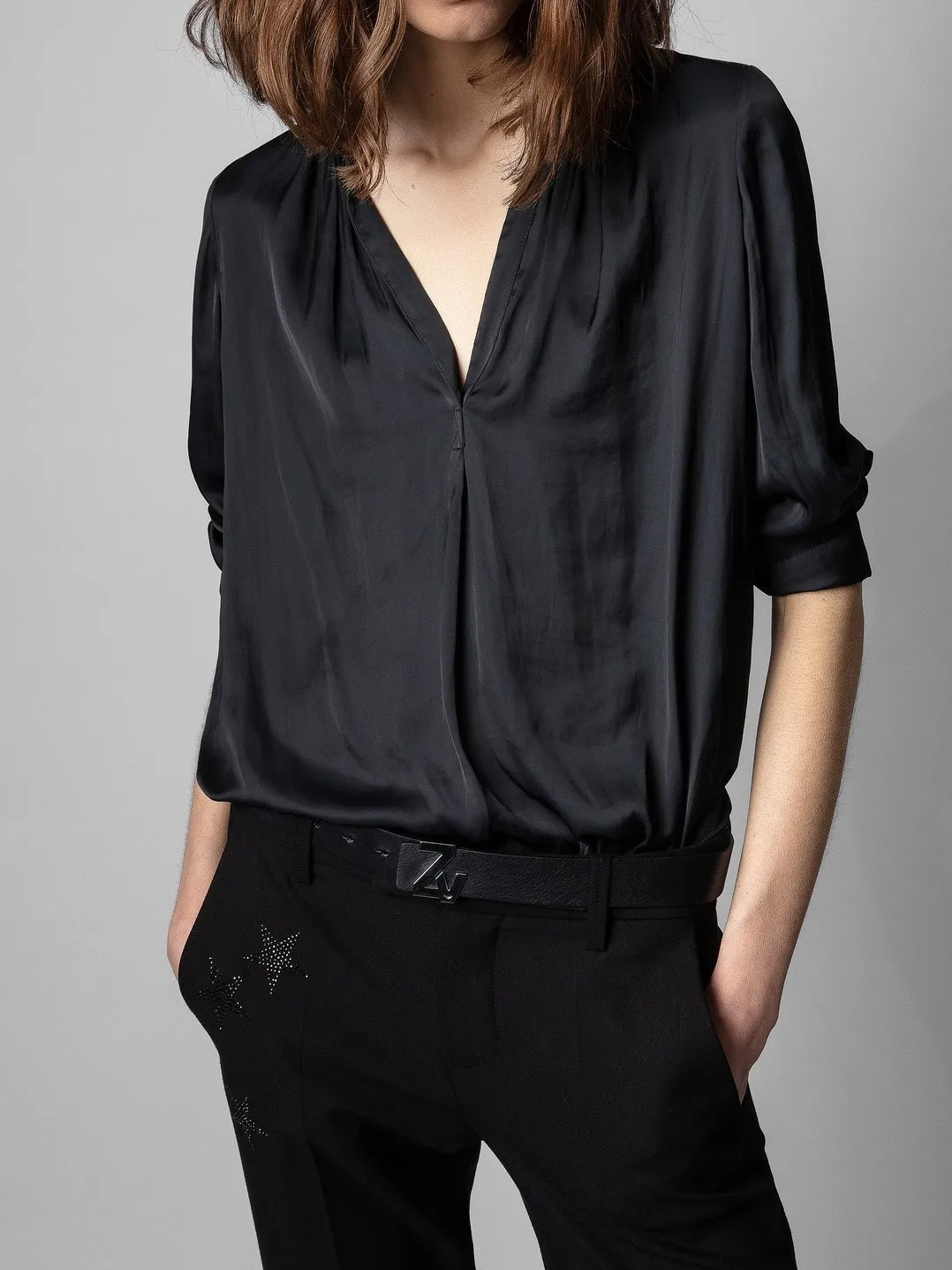 

Women's Shirt V-Neck Long Sleeve Solid Color Pleated Office Lady Blouse
