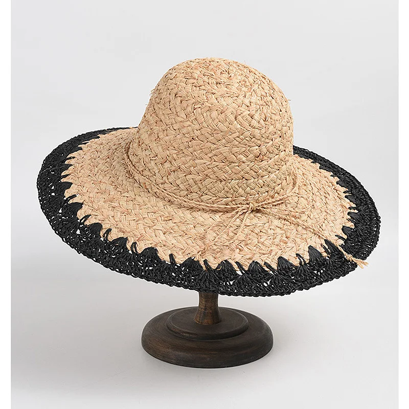 New Wide Brim Summer Hat for Women Flat Top Color Stitching Straw Hat Unisex Sun Hat Beach Hat Sun Protection Kentucky Derby Hat