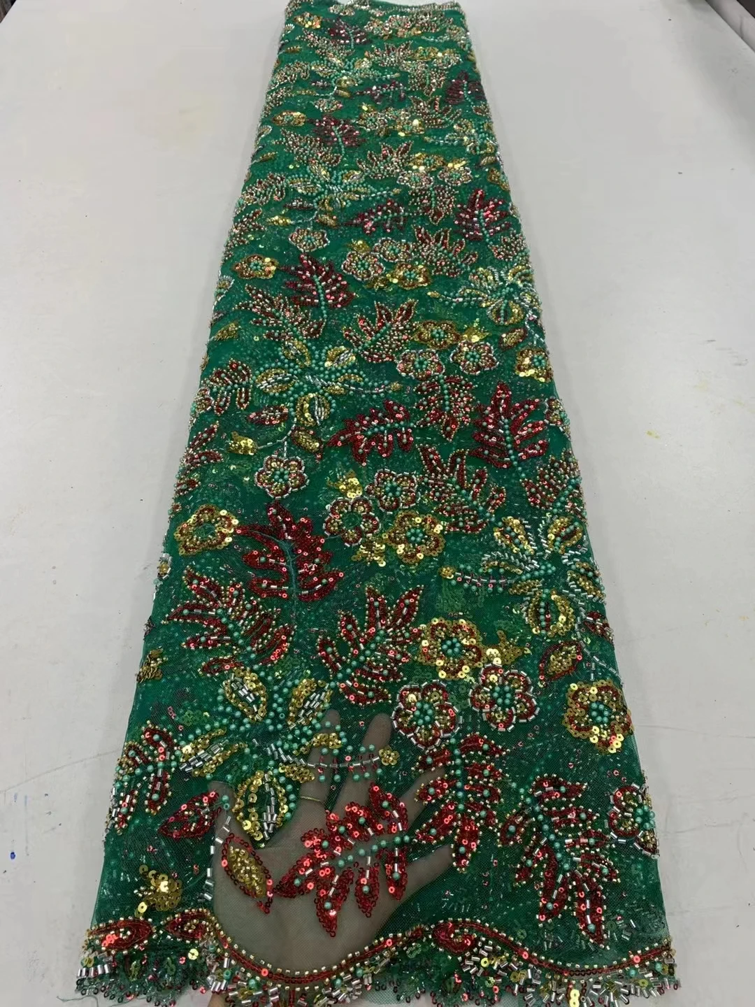 

5 Yards African Luxury Handmade Bead Lace Fabric Heavy Sequins Embroidery Fabric French Tulle Mesh Lace for Wedding DressZX100