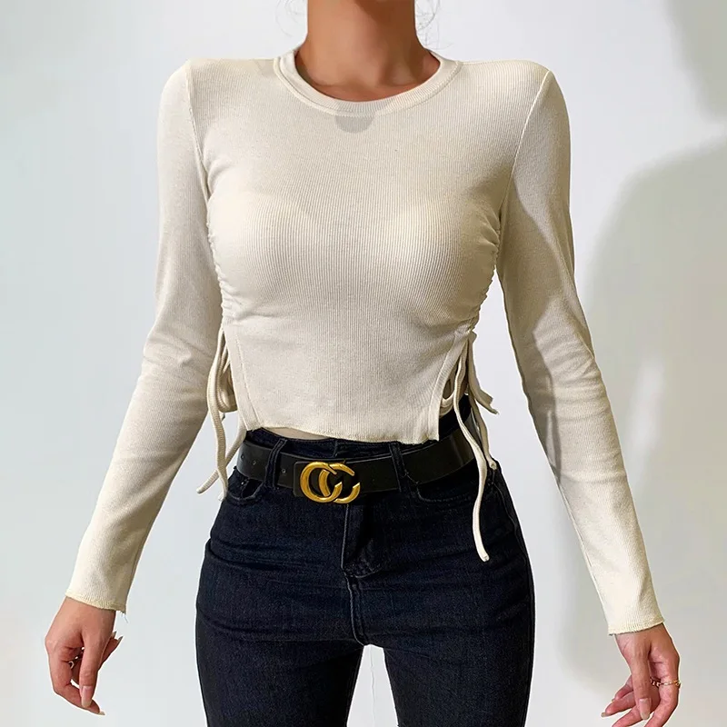 

Футболка женская осенняя новая сексуальная с разрезом и круглым вырезом, облегающая, короткий топ с длинным рукавом для женщин