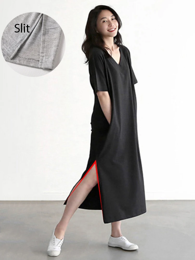 

Платье-футболка женское длинное с карманами, пляжный повседневный элегантный свободный сарафан из хлопка, с разрезом, большие размеры, на л...