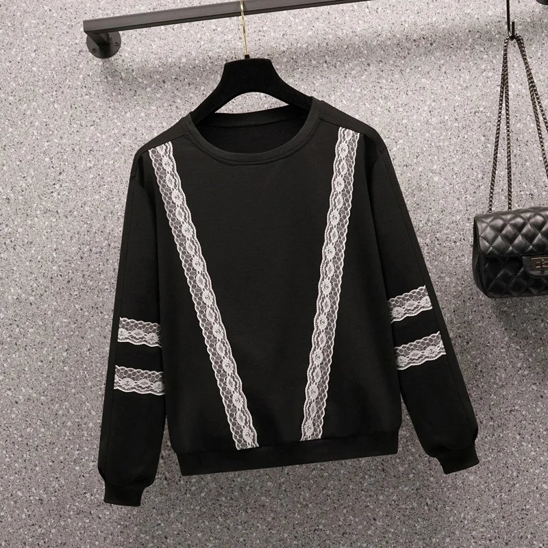 

Oversize Harajuku O-neck American Style Vintage lace patchwork Sweatshirt Women Casual Loosed Sportswear Pullover chic Clothes