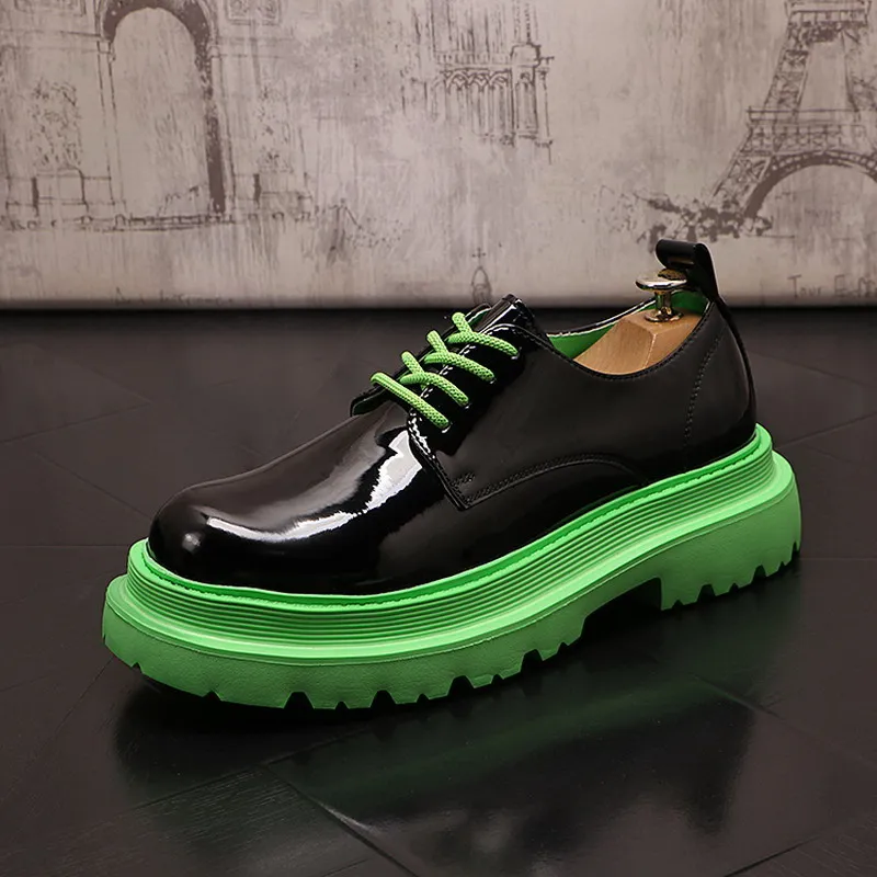 Luxury Men Black Dress Shoes Fashion Round Toe British Patent Leather Derby Height Increasing Platform Street Zapatos ERRFC