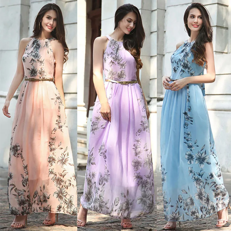 

Bikoels Summer O Neck Sleeveless Women's Maxi Dress 2021 Fashion Bohemia Print Belt Tunic Empire Party Temperament Robe Vestidos