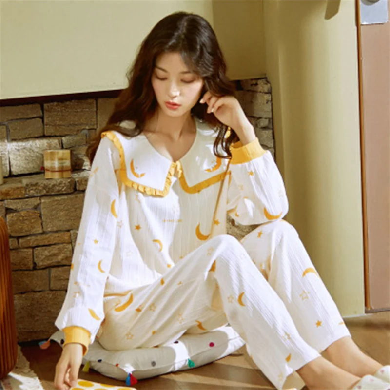 Autumn Pajamas Set Sexy Princess Neck Sleepwear For Women Pink Elastic Pyjama Women's Fashion Soft Cotton Homewear Clothes