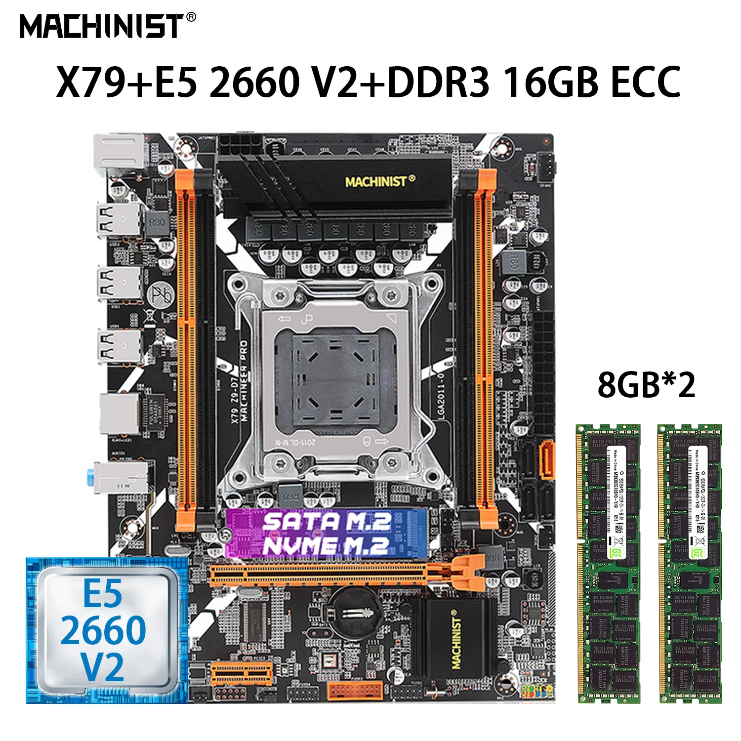 

MACHINIST X79 Motherboard Set LGA 2011 Kit Xeon E5 2660 V2 Processor CPU 2pcs*8GB DDR3 ECC RAM Memory NVME M.2 SATA X79 Z9 D7