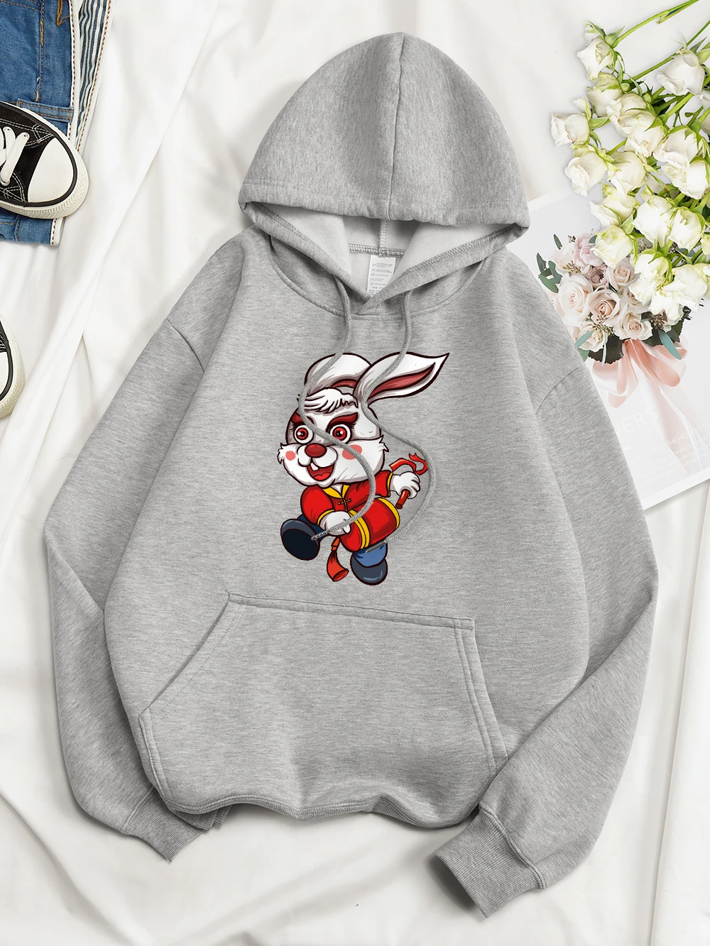 

Rabbit Plays Waist Drum To Celebrate The New Year Printed Woman Cotton Pullover Casual Comfortable Sweatshirt Soft Womens Hoodie