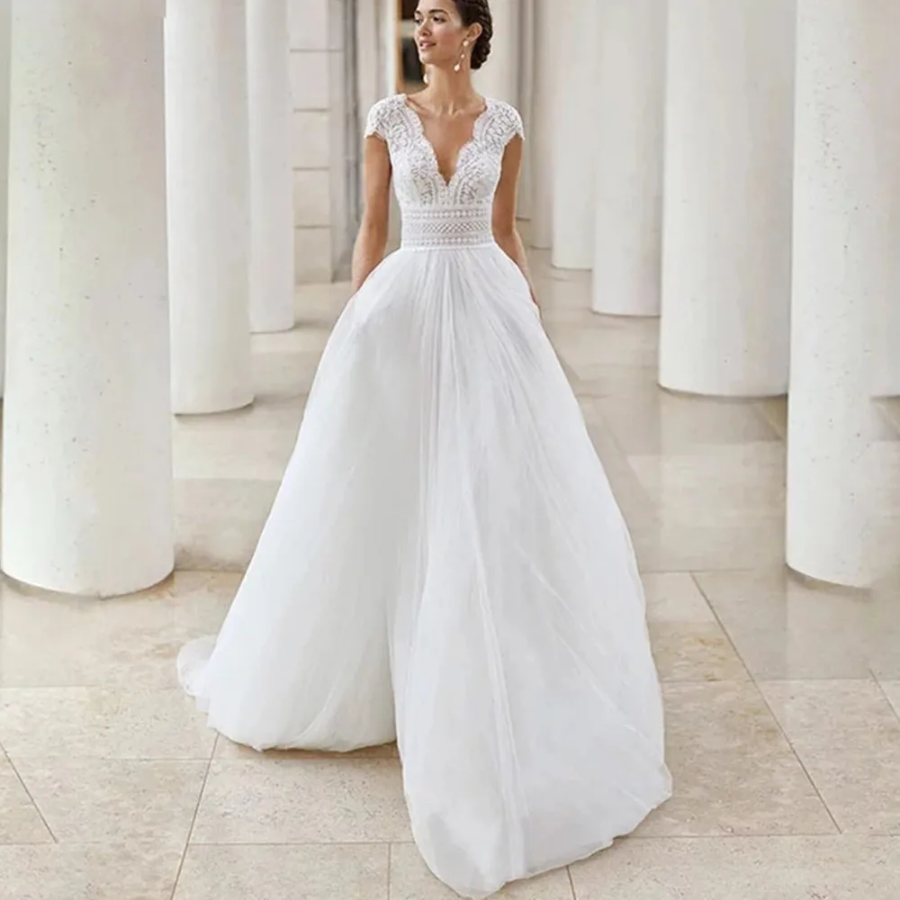 

Boho Lace Applique Cap Sleeve Wedding Dress Deep V Neck Zipper Back Beach Bridal Gown Tulle A Line Court Train Vestidos De Novia