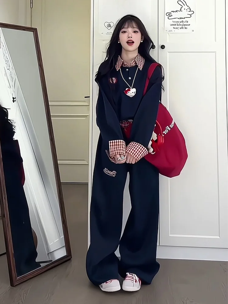 Retro Fried Street Sweatshirt Set Women Autumn Preppy Fake Two-Piece Polo Hoodie Wide-Leg Pants Casual Two-piece