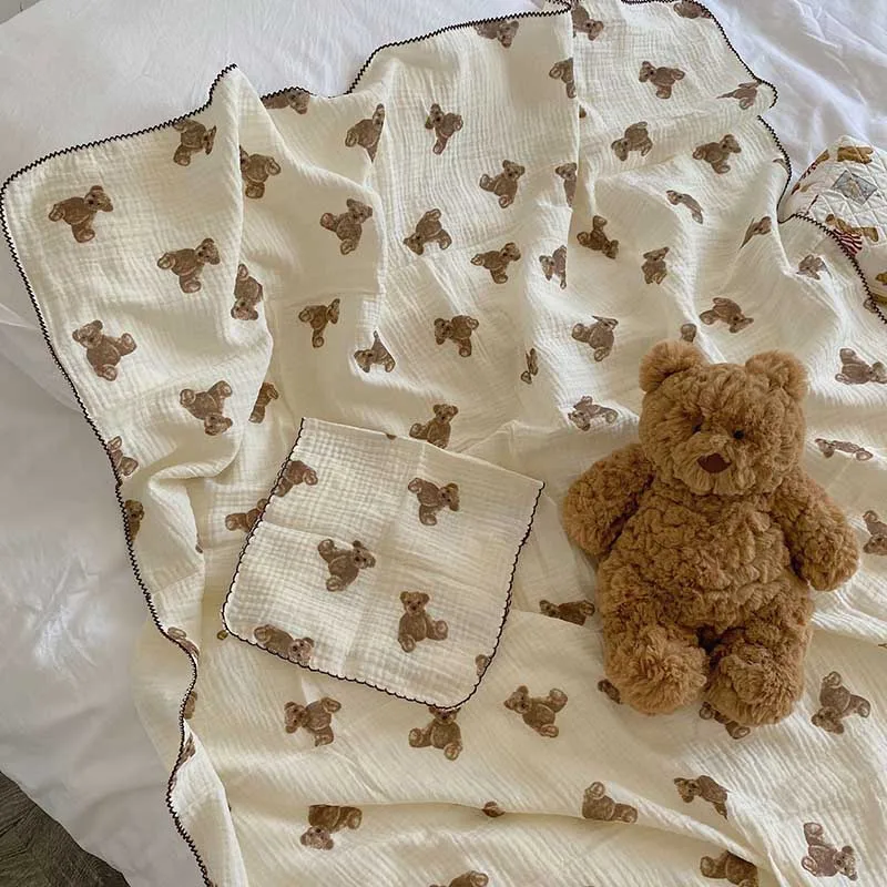 

2pc Baby Blanket Muslin Swaddle Wrap for New Born Bear Print Summer Bedding Stroller Blankets Towel Babies Accessories Newborn