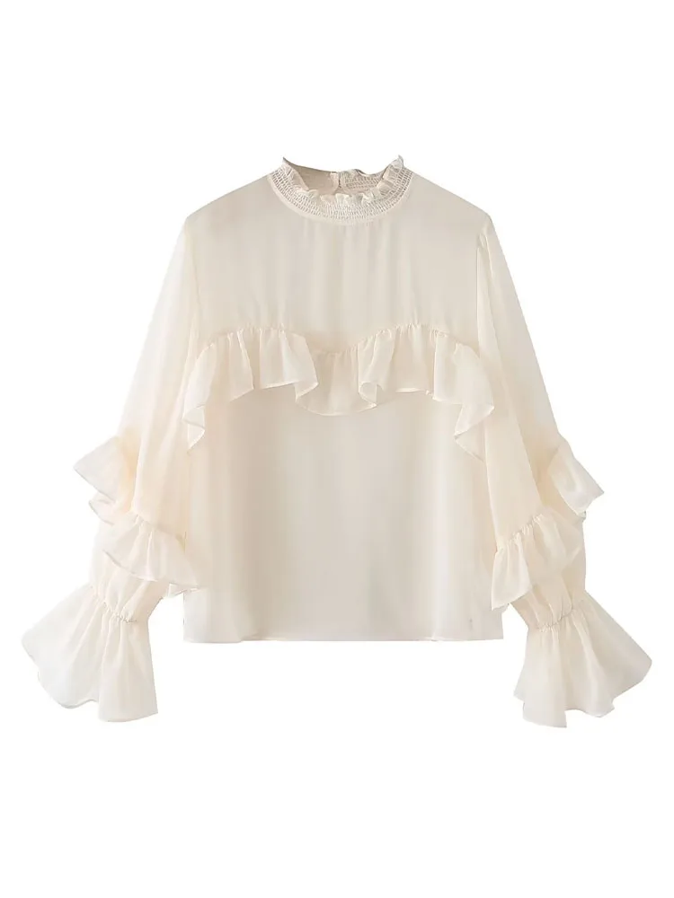 

2022 fall women's new fashion solid color collar chic stacked decoration translucent long-sleeved shirt