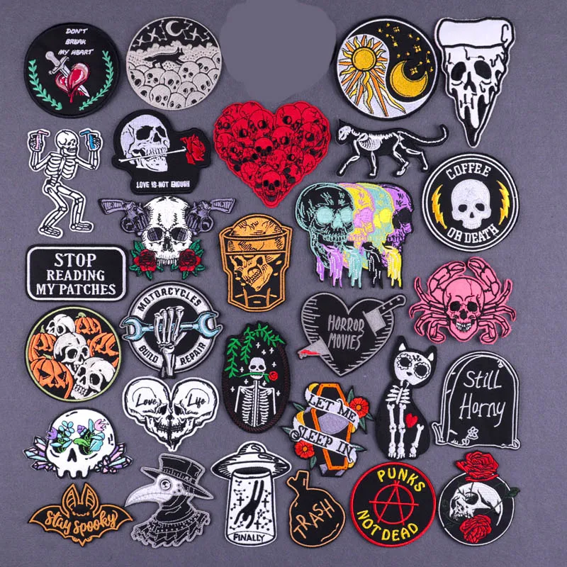 

Punk Skull Embroidered Patches For Clothing Stickers Skeleton Letters Patch Iron On Patches On Clothes Badges DIY Hippie Clothes