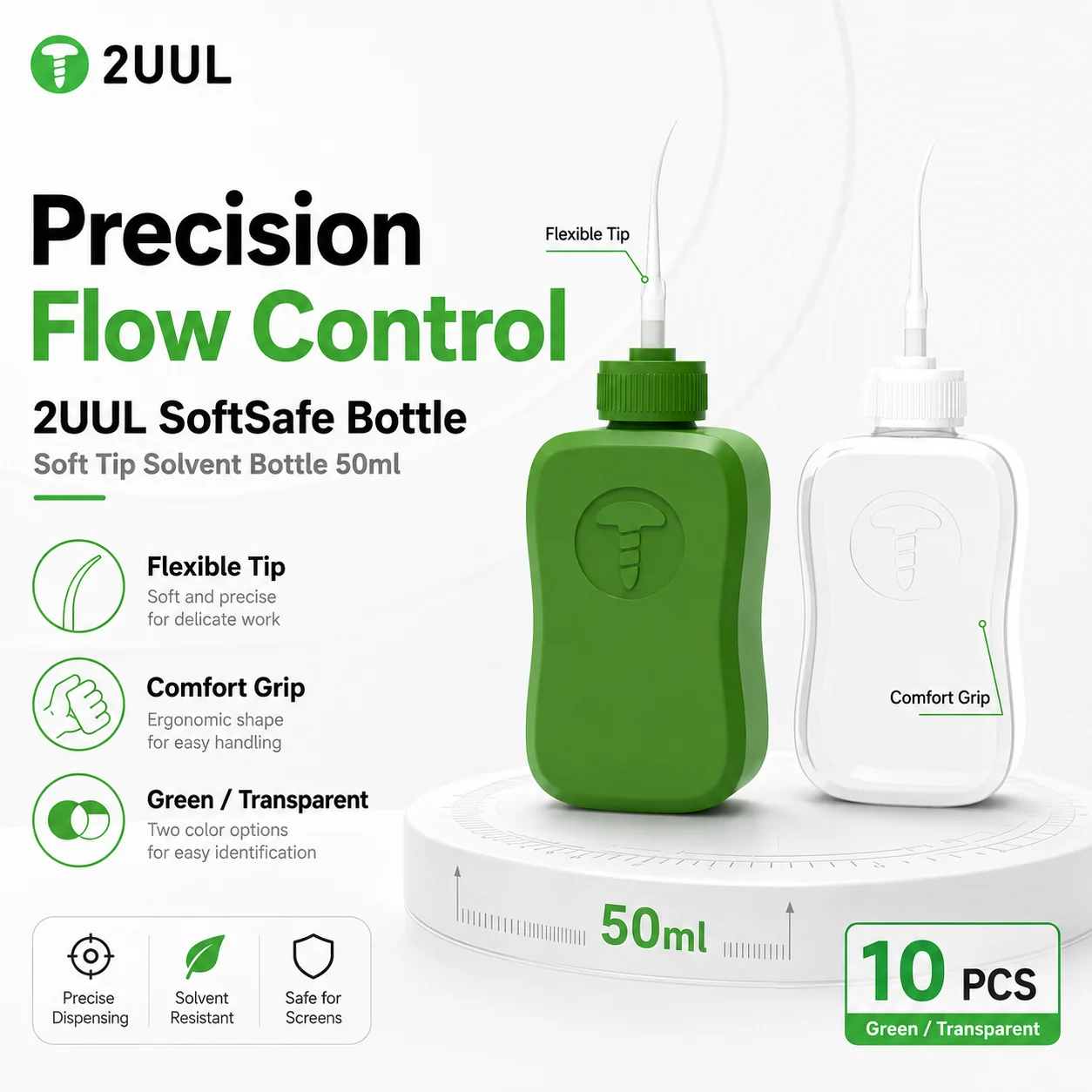 Фото 2UUL CL51 CL52 SoftSafe Bottle 10 шт. 50 мл, безопасный для экранов дозатор растворителя с мягким наконечником для ремонта телефонов, зеленый, прозрачный №1