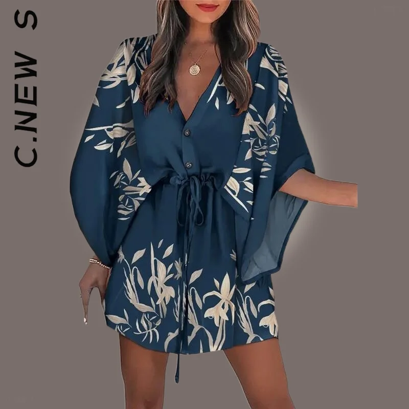 

C.New S Fashion Dress Women Print Lace Up Button Batwing Sleeve Dresses Simple Robe All-Match Vintage Female Vestidos Clothing