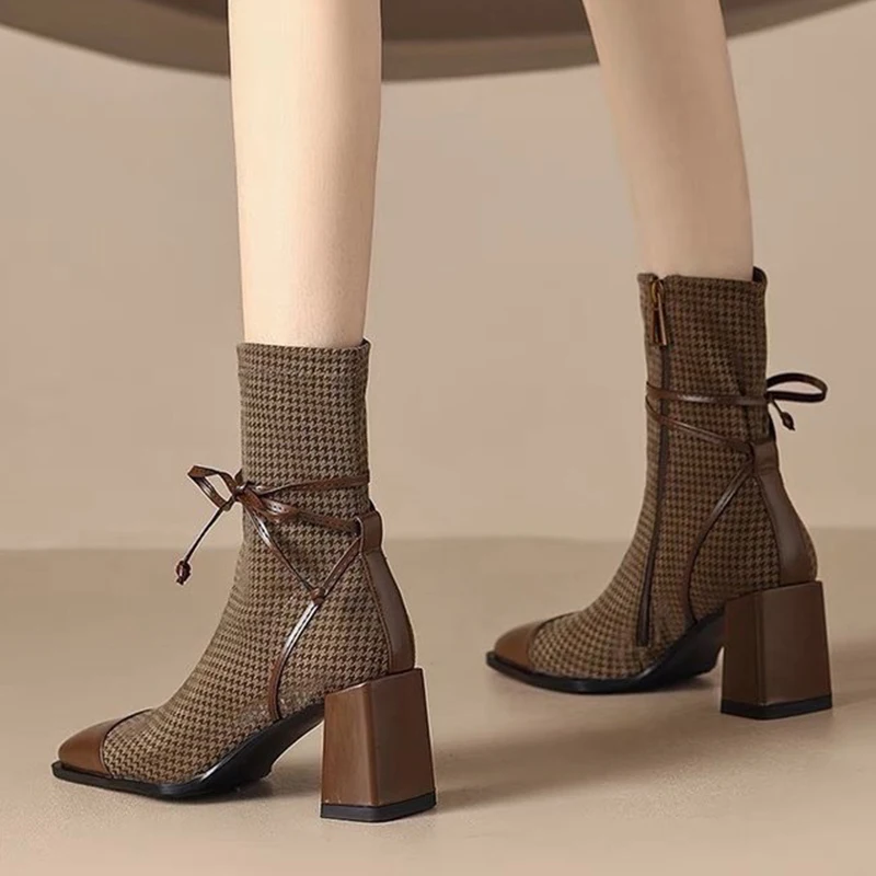 Женские ботильоны на высоком каблуке с бантом и квадратным носком новинка 2025