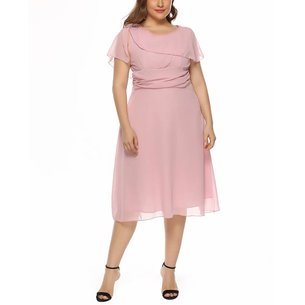 

Ladies Summer Temperament Chiffon Dress Fashion Style Flying Sleeves Stitching Solid Color Round Neck Mid-length Dress 5xl Size