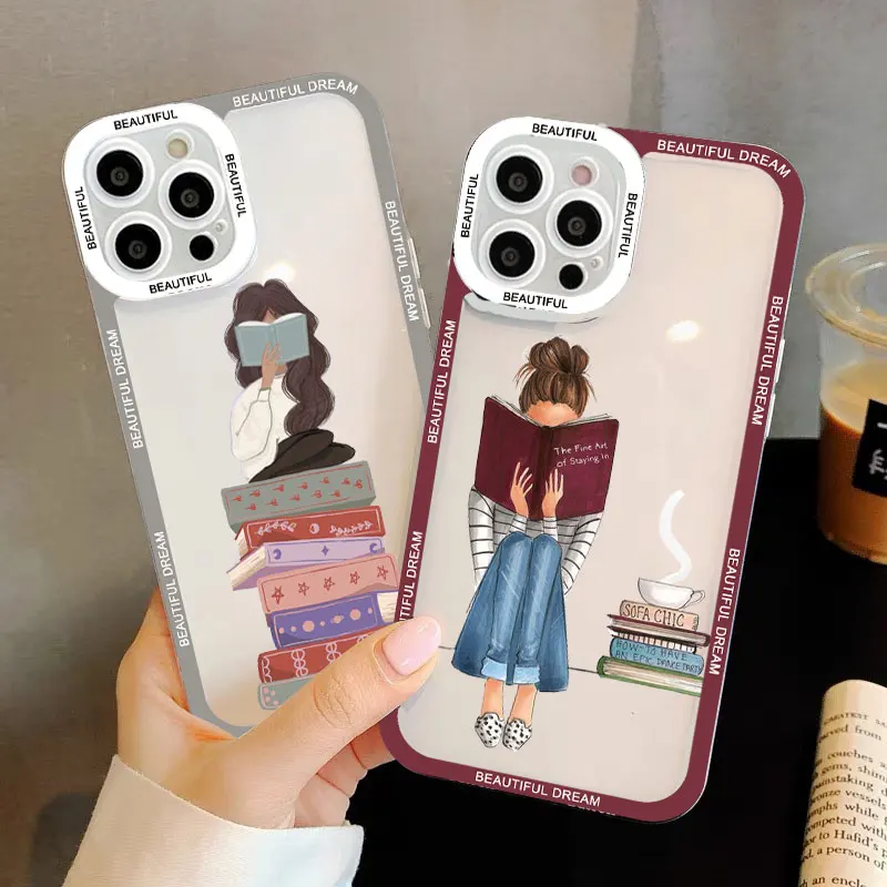 

Read Book And Coffee Girl Clear Phone Case Cute Cover for iphone 13 14 12 11 Pro Max X XS XR 7 8 Plus SE2 Transparent Back Cover