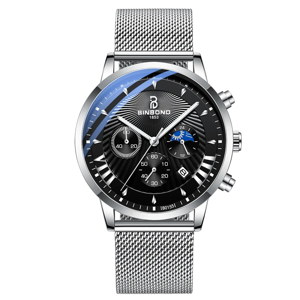 Binbond brand new fashion men's quartz watch 30m waterproof personalized three eye luminous watch second running calendar box