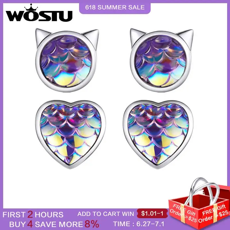 

WOSTU 2021 925 Sterling Silver Purple Blue Sea Cute Fish Scale Heart Cat Stud Earrings For Women Fashion Jewelry Gift CQE1300