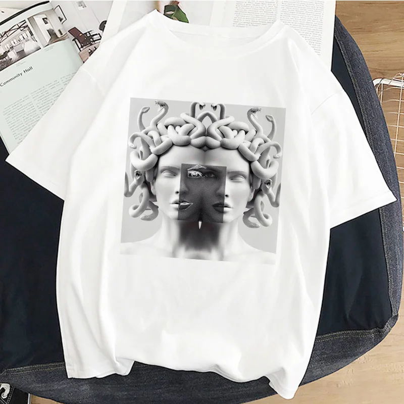 

Snake Head Female Monster Medusa Printed Summer Casual White Top T-shirt Female Tshirt Statue Fun Harajuku Vintage T Shirt Women