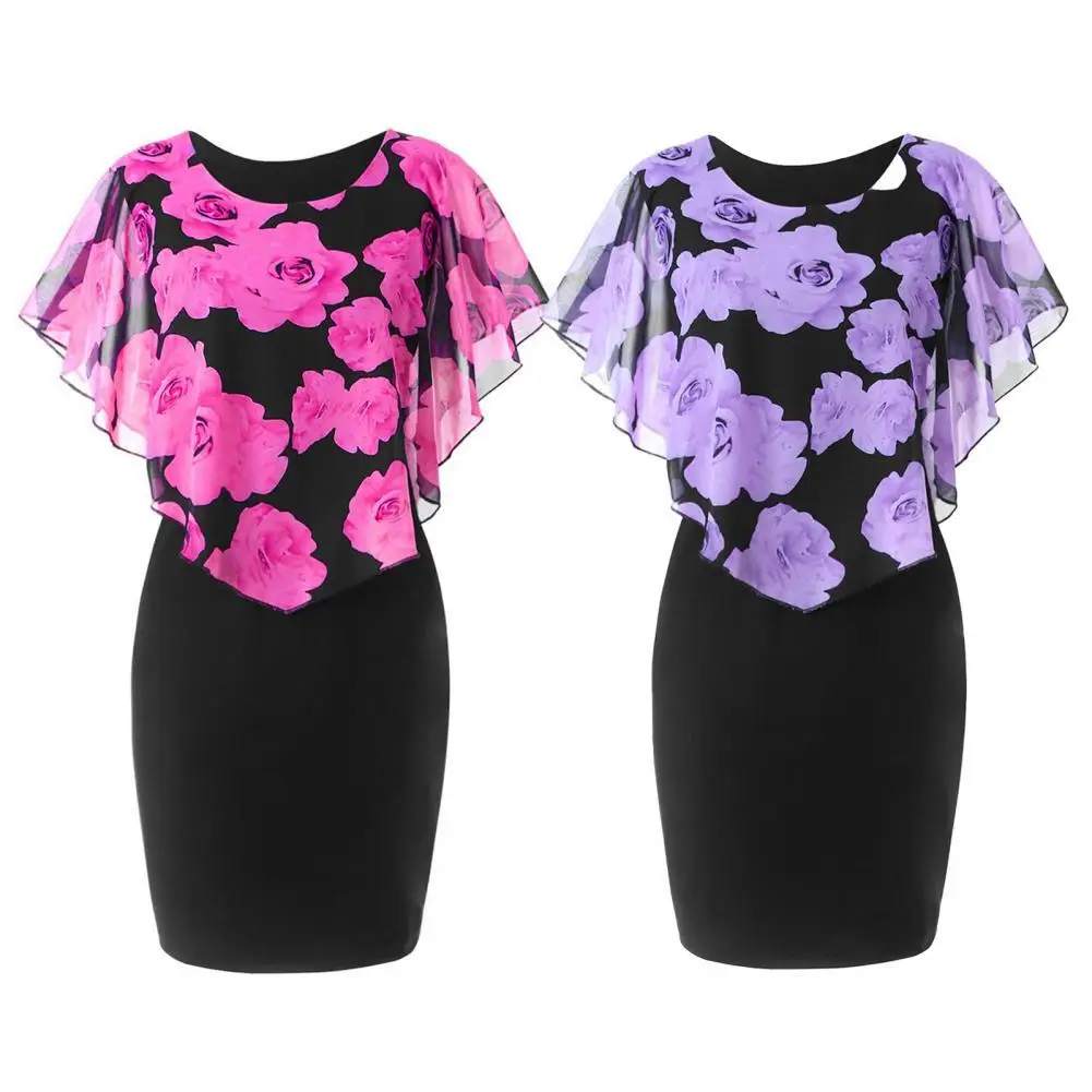 

5 Colors Elegant Rose Printing Ladies Dress Knee Length Ladies Dress Bag Hip for Daily Life