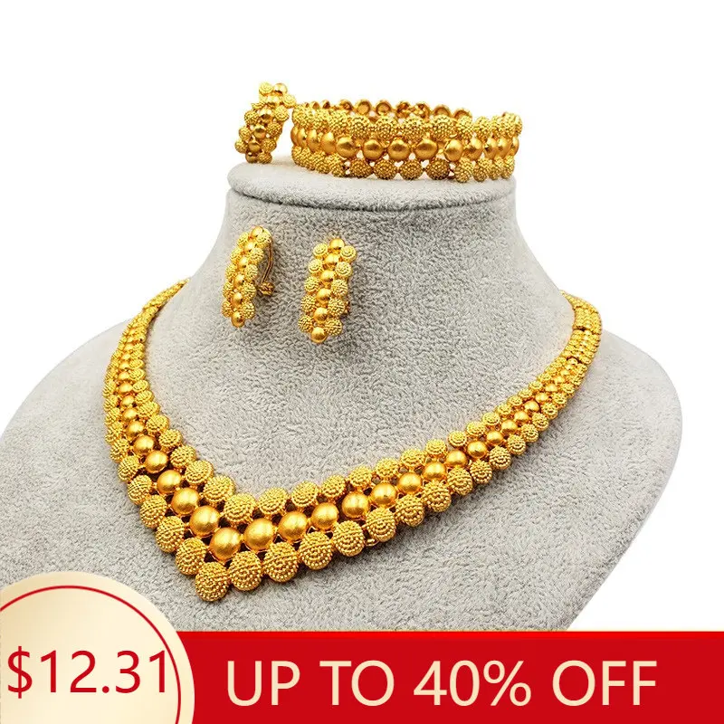 Купи Bridal Dubai Gold Jewelry Sets Crystal Necklace Bracelet Nigerian Wedding Party Women Fashion Jewelry Set за 739 рублей в магазине AliExpress