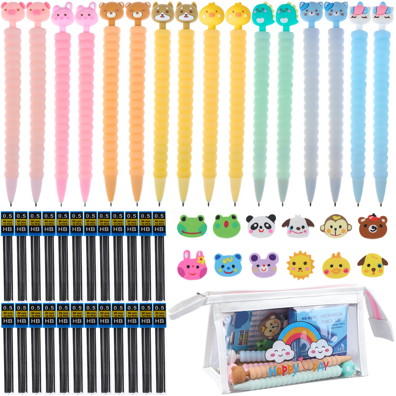 

43pcs Cute Mechanical Pencils 0.5mm With Animal Erasers And Pencil Refills