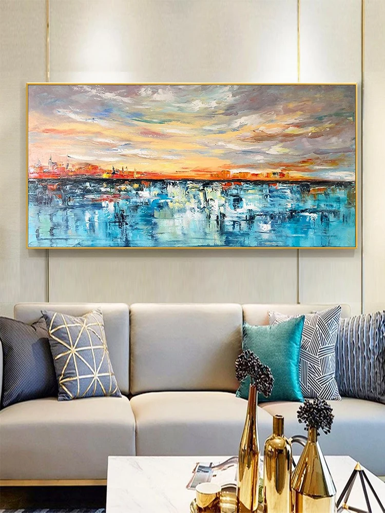 

Living Room Hand Painted Oil Painting Sunrise Sofa Background Wall Decoration Painting Villa Restaurant Mural Canvas Frameless
