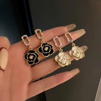classic black white camellia drop earrings rhinestones luxury women party delicate jewelry custom elegant gift friend wholesale