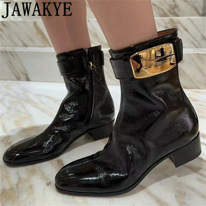 

Женские ботильоны из лакированной кожи, брендовые полусапожки Челси на массивном каблуке с металлической пряжкой и боковой молнией, осень 2023