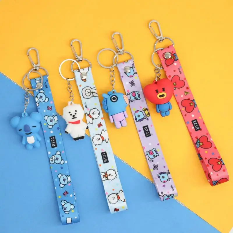 Kawaii Line Friends Bt21 Anime Hobby Tata Chimmy Cooky Key Chain New Pvc Couple Pendant Wrist Strap Three-Piece Bag Pendant