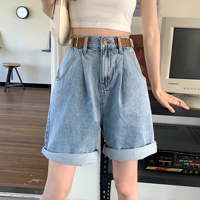 High Waist Denim Shorts Women's Dark Blue Summer Quarter Pants Adjustable Waist Button Loose Slim Straight Leg Wide Leg