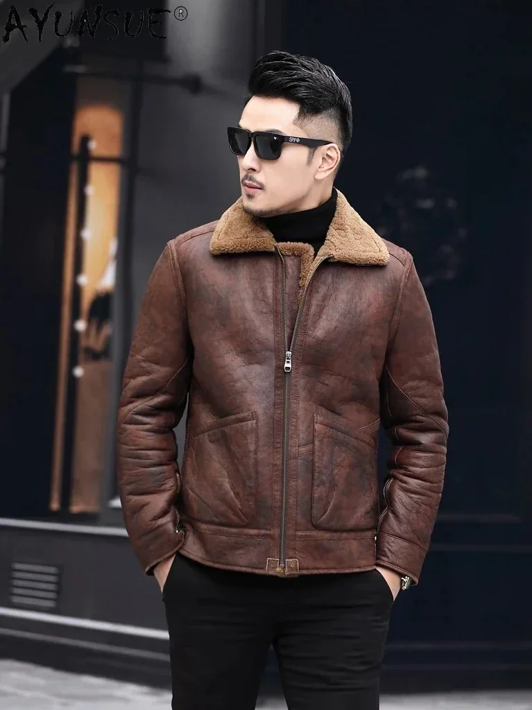 AYUNSUE шубы из натуральной овечьей шерсти мужские кожаные куртки 2025 зимние осенние