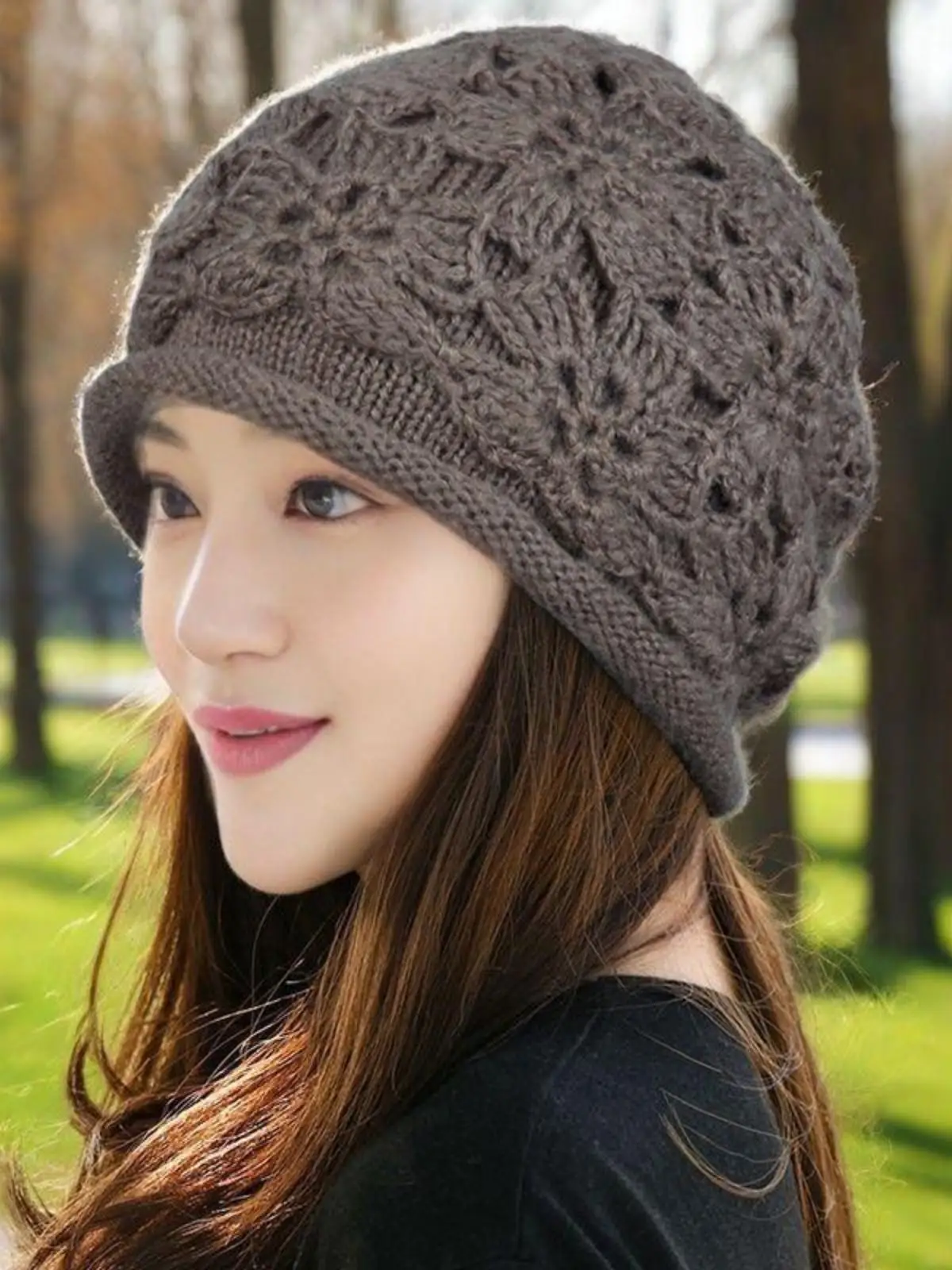 Hat Women Autumn and Winter Woolen Cap Handmade Crochet Sleeve Elegant Toque Knitted Warm Flower
