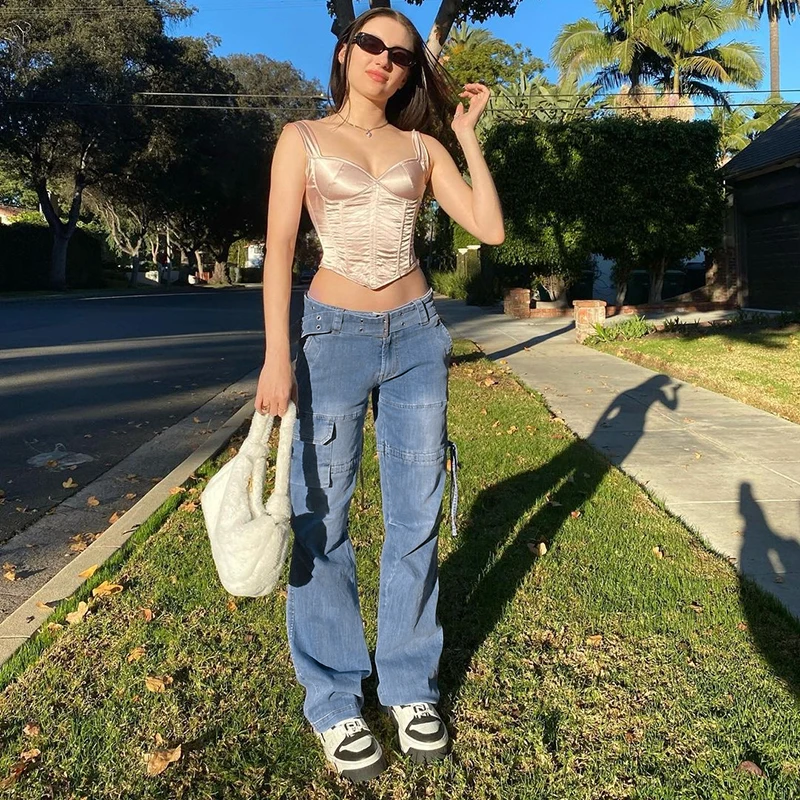 Ruched Drawstring Cargo Women Pants 2023 Y2K Blue Classic Jeans Retro Sashes Denim Pants Women Big Pockets Trousers Streetwear