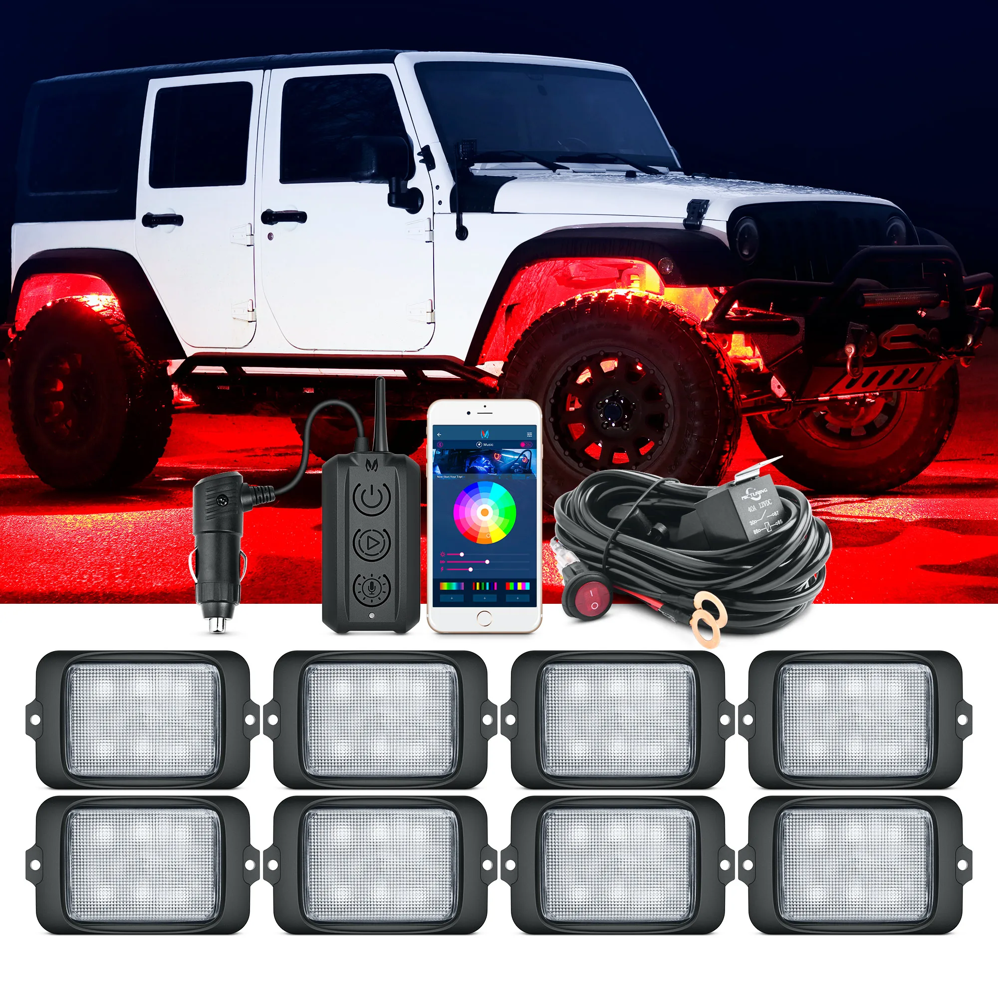 MICTUNING C3 RGBW LED Rock Lights -8 Pods Многоцветные неоновые подсветки Bluetooth APP и беспроводной