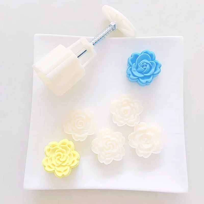 

4Pcs/Set Baking Tools Plastic Mooncake Mold Hand-Pressure Rose Shape DIY Decoration Cake Mould White Kitchen Supplies