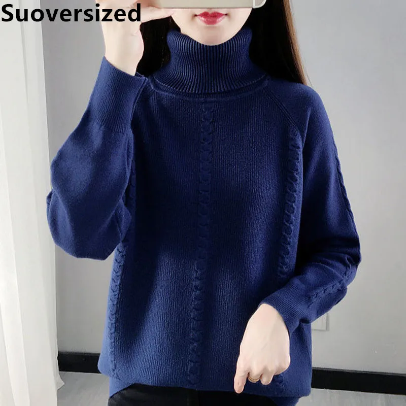 

Женские теплые свитера с высоким воротником, сезон осень-зима, толстый вязаный пуловер с длинным рукавом, повседневный Свободный корейский ...