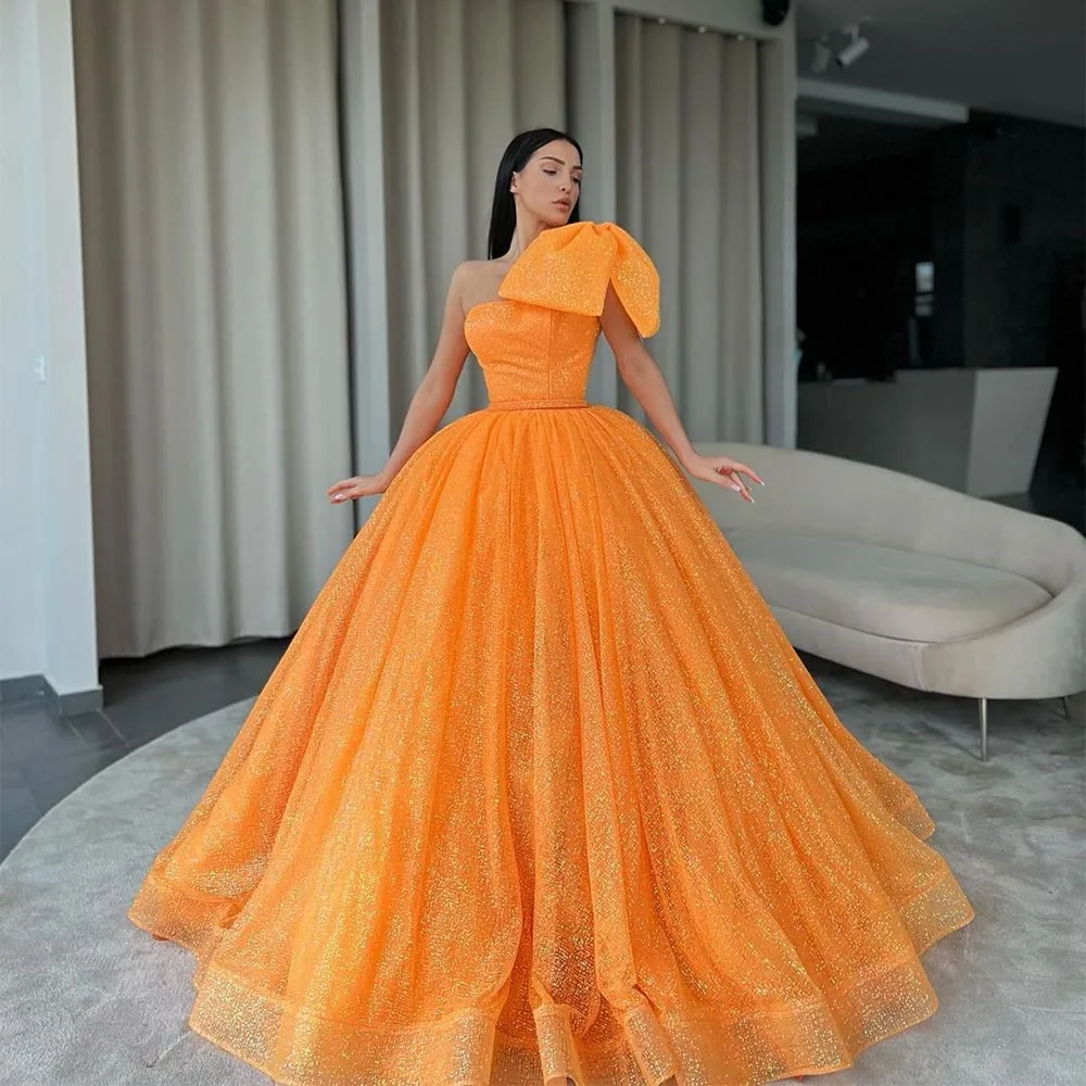 

Shiny Orange Ball Gown for Evening Custom Made One Shoulder with Bow Elegant Evening Dresses robe de soirée femme