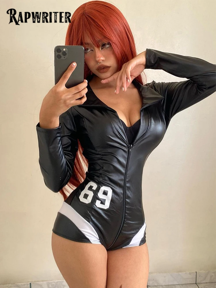 

Кожаный комбинезон Rapwriter в байкерском стиле, комбинезоны в стиле панк из искусственной кожи на молнии с длинным рукавом, женские облегающие комбинезоны с надписью, короткие брюки
