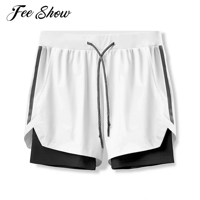 

Men Athletic Running Shorts with Sides Pockets Quick Drying Drawstring Double Layers Sports Basketball Shorts Swim Trunks Bottom