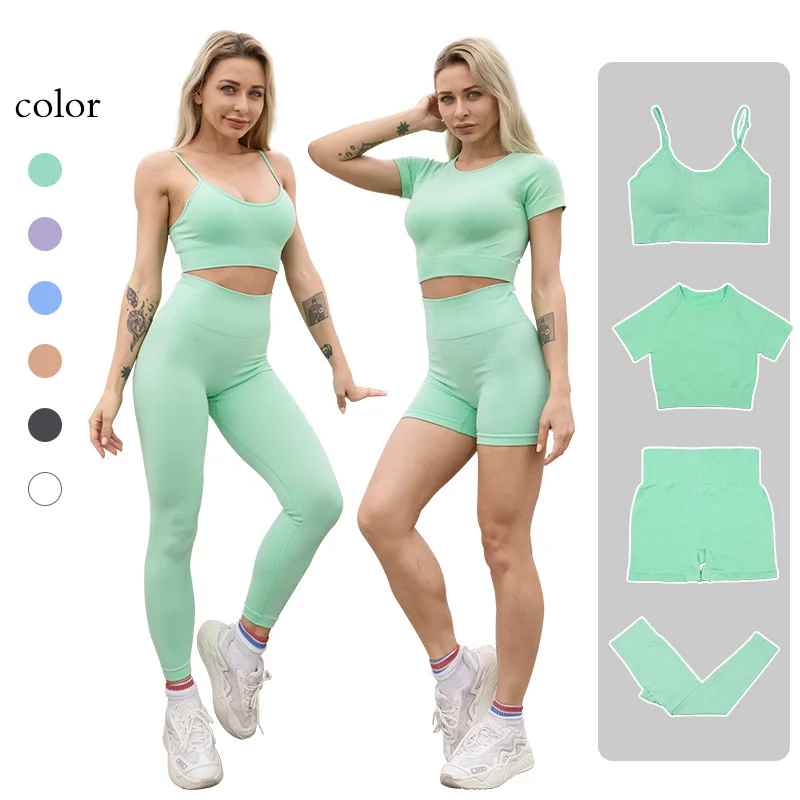 

European and American Yoga Short Sleeve Seamless Knitted Stretch Fitness Exercise Yoga Clothes Suit for Women