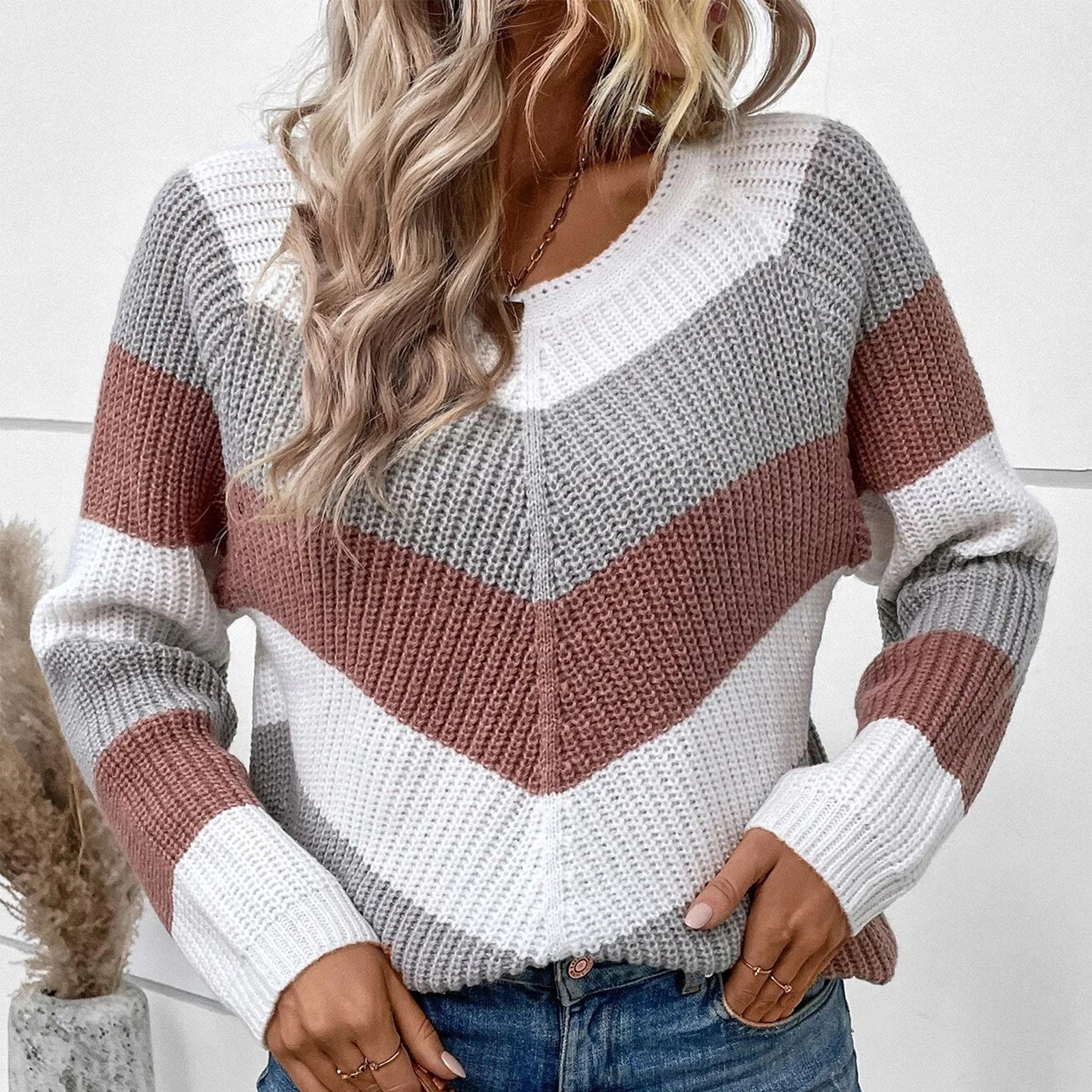

Women Crochet Pullovers Top Crew Neck Striped White Crop Sweater Loose Fit Sexy Contrast Color Casual Style Streetwear Suit