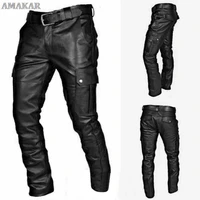 steampunk motorbike style side lace up leather pants black gothic punk jeans cowboy biker rock reenactment trouser for men