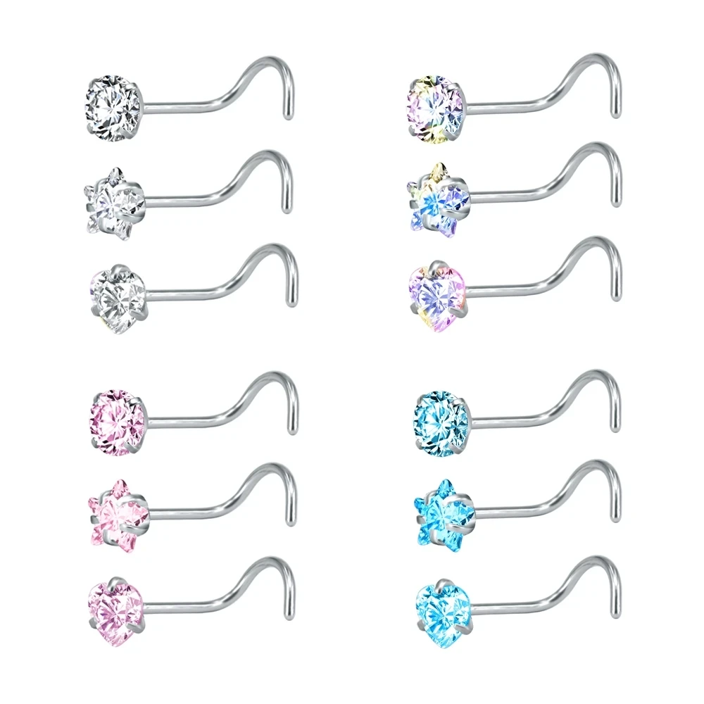 

3/9/12pcs/lot Stainless Steel Nose Stud Set Round Heart Star CZ Crystal Nose Piercings 3MM L Shape Nostril Piercing Jewelry 20g