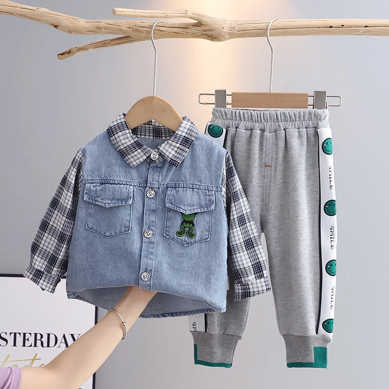 

New children's spring and autumn clothes set boy denim plaid fashion jacket shirt coat top + pants two-piece toddler casual suit