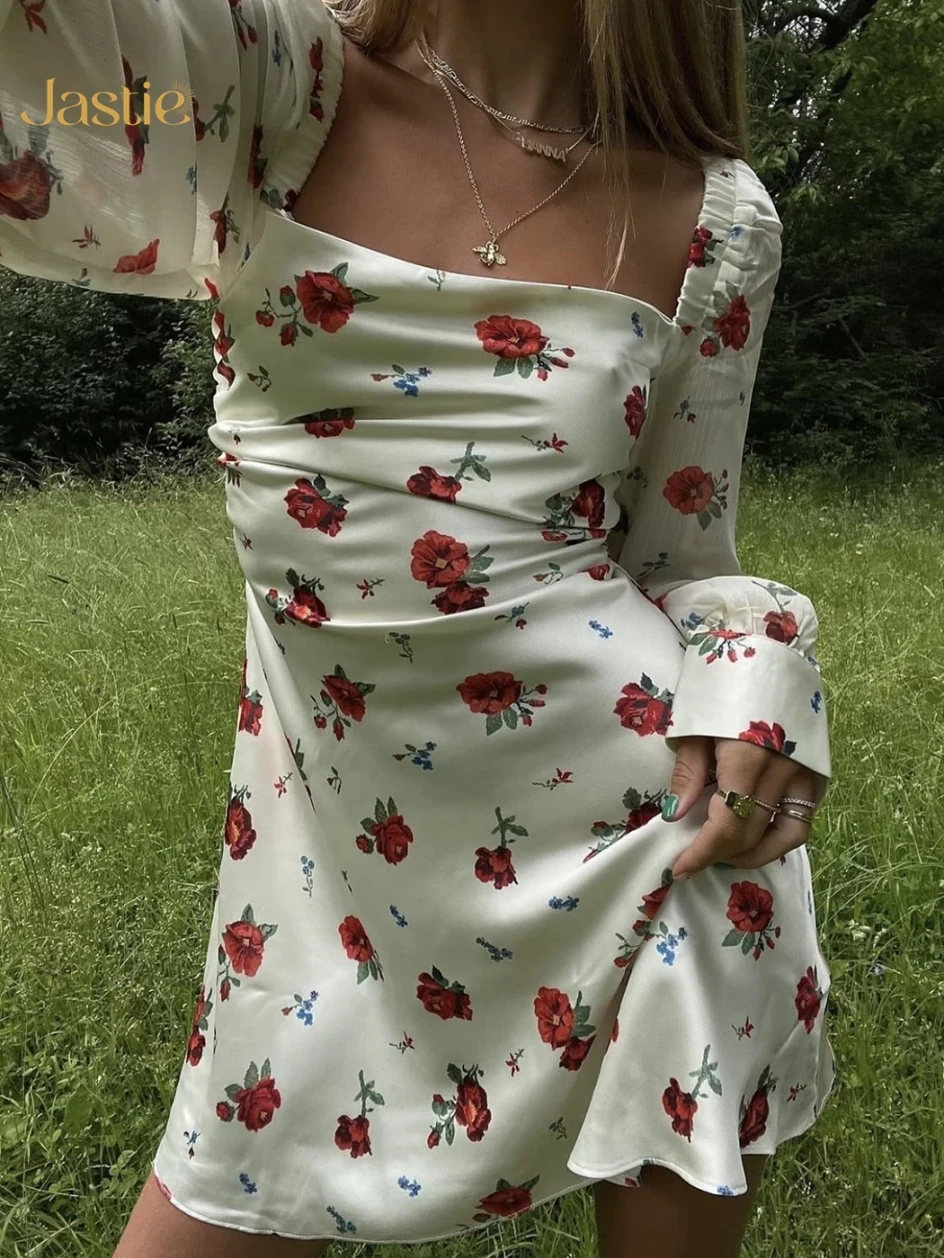 

Jastie High Waist Summer Floral Dresses Woman Long Sleeve Square Collar Casual Beach Short Dress Fashion Print Female Vestidos