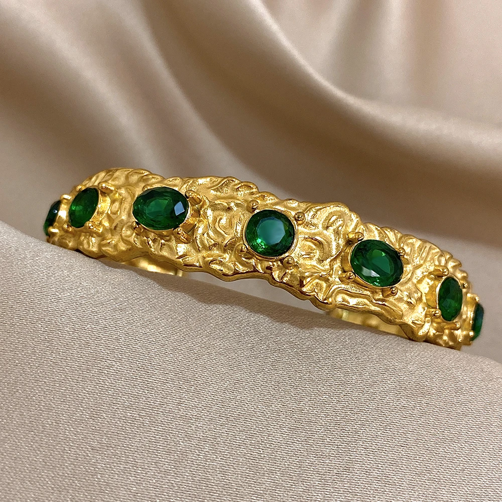 Винтажный браслет-манжета из нержавеющей стали с зеленым цирконием массивные