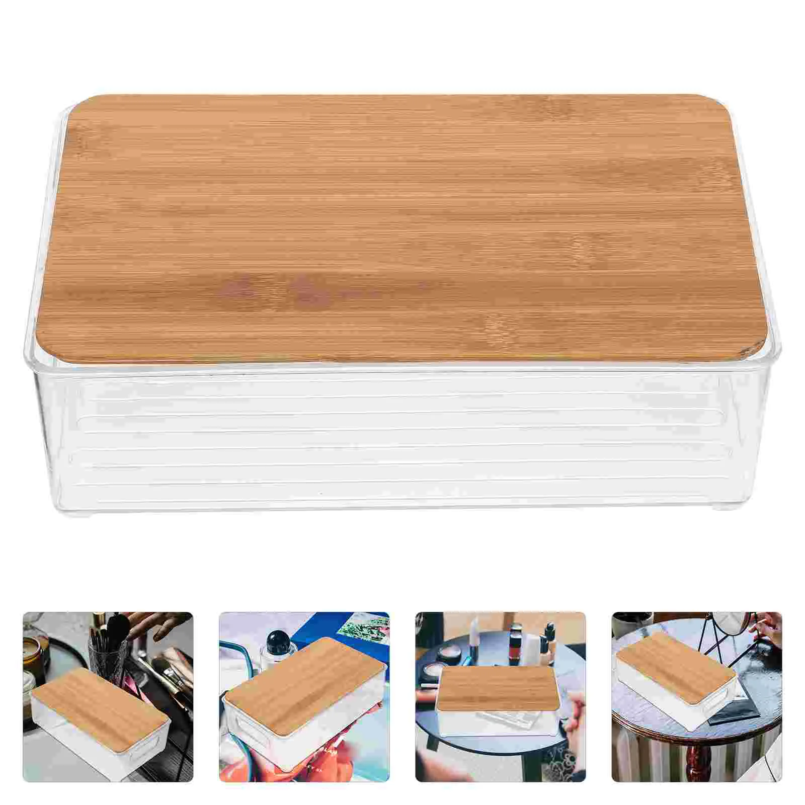 

Cosmetics Organizer Desktop Organizing Holder Makeup Storage Case Sundries Basket Bamboo Lid Bathroom Bin